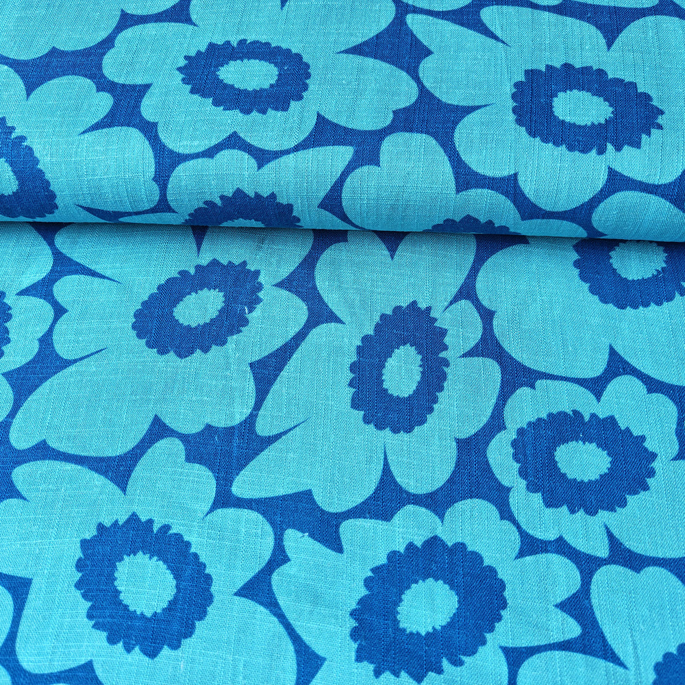 
                  
                    Load image into Gallery viewer, Viscose/Linen Retro Flowers Blue
                  
                