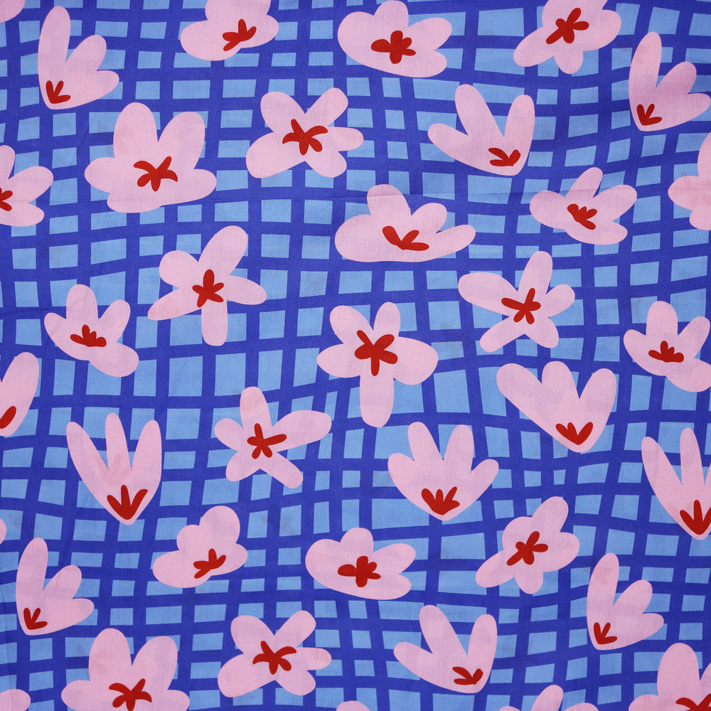 Cotton Abstract Flowers Grid Blue