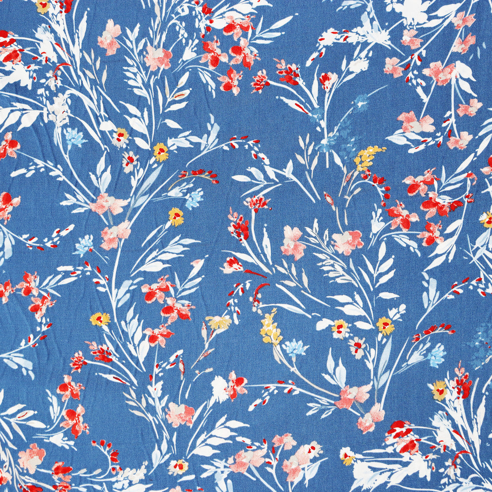 Woven Viscose Flowers Mid Blue